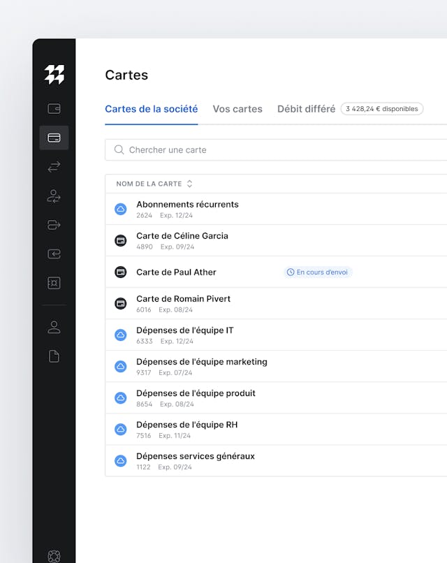 Image montrant l’interface de gestion des cartes de paiement de Memo Bank.